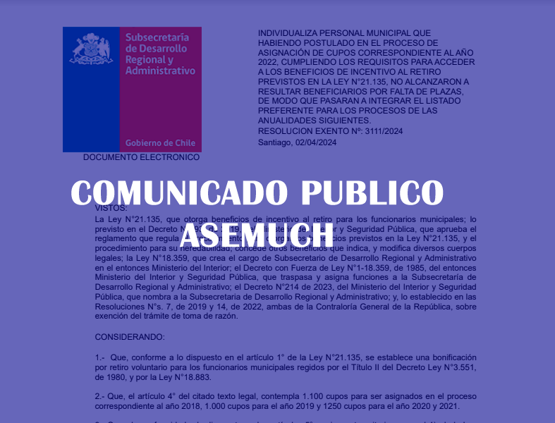 COMUNICADO PUBLICO ASEMUCH Nº7 de 03-04-2024 «NOMINA N.º DE PRELACIÓN»