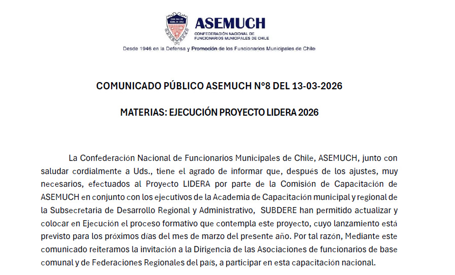 Comunicado Público ASEMUCH N°8 del 13-03-2026 (LIDERA 2026)
