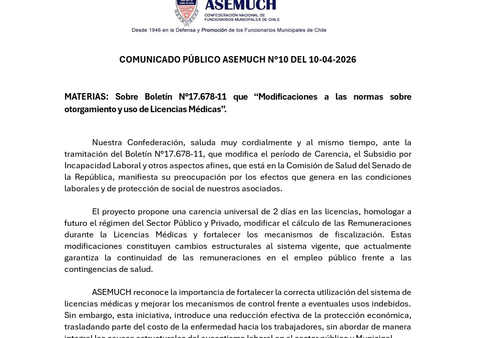 Comunicado Público ASEMUCH N°10 del 10-04-2026