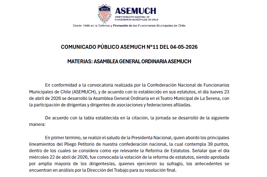 COMUNICADO PÚBLICO ASEMUCH N°11 DEL 04-05-2026