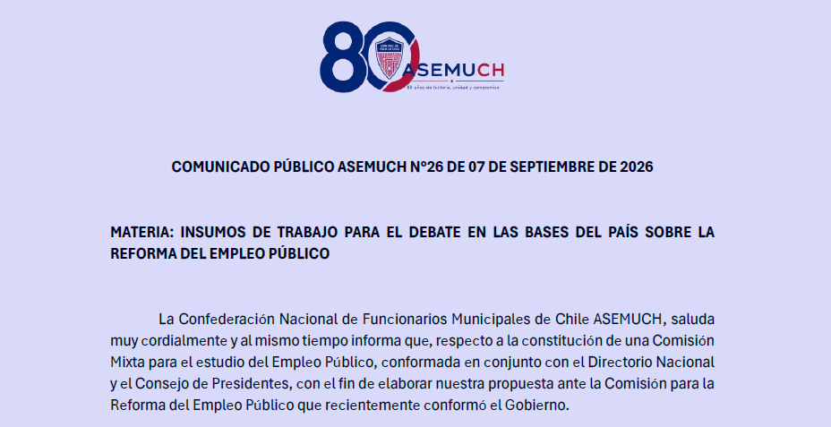 Comunicado Público ASEMUCH N°26 del 07-09-2026 (Debate Empelo Público)